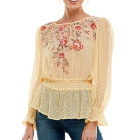 Meraki Blouse Size M Floral Print Sheer Smock Waist Puff Sleeve Yellow Boho - Picture 9 of 11